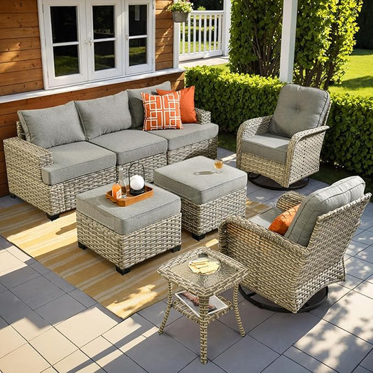 ovios 8 Piece Patio Sectional Furniture with Swivel Rocking Chairs, Rattan Wicker Coversation Set with Glowing Coffee Table, Outdoor Sofa Set for Outside Porch Balcony Backyard Pool, Dark Grey