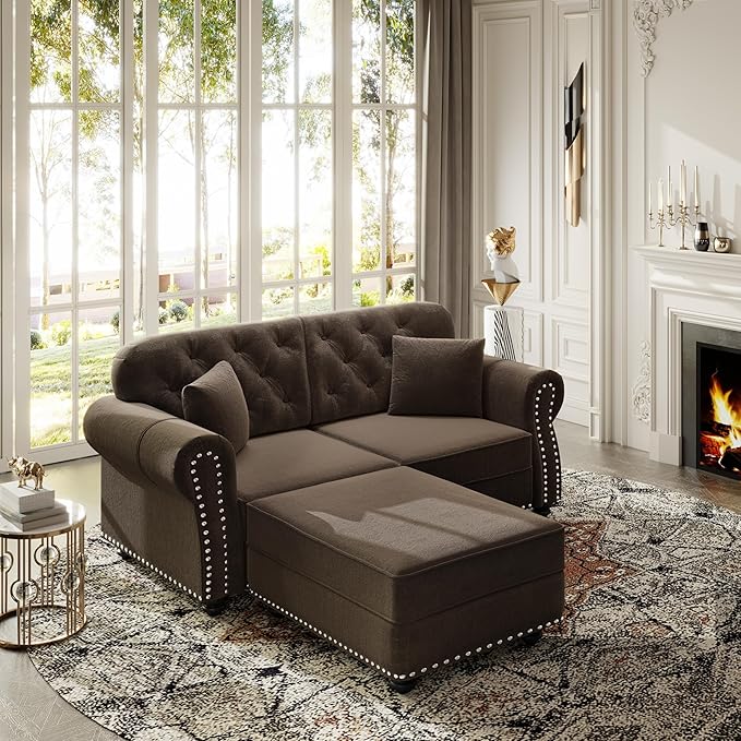 KEIKI 63" Velvet Chesterfield Sofa with Rolled Arms & Nailhead Trim & 1 Ottoman, Modern 2-Seater Button Tufted Couch with High Resilience Cushion & 2 Pillow, Easy Assembly, for Living Room, Brown