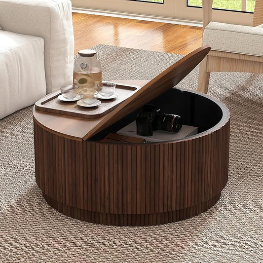 31.5" Round Coffee Table with Storage, Mid Century Modern Coffee Tables with Fluted Base, Wooden Circle Accent Center Table for Living Room Small Space Apartment Office (Walnut)