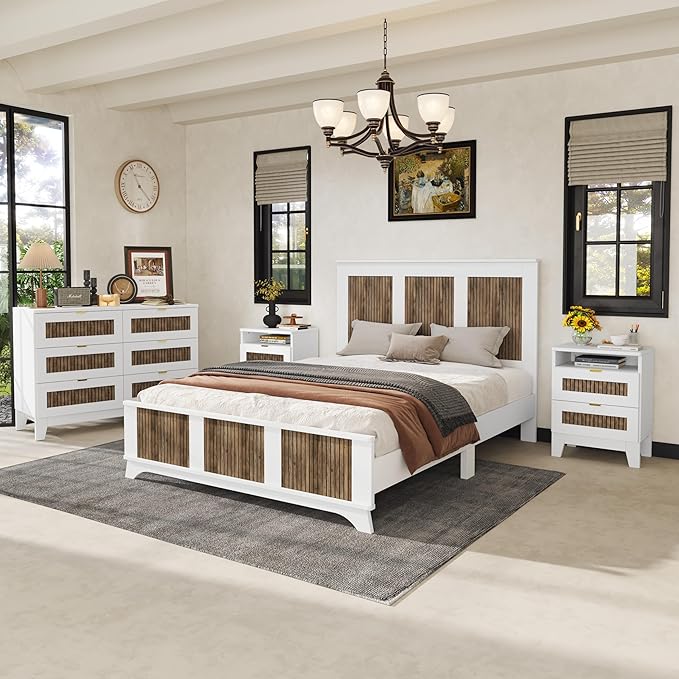 Farmhouse 4-Pieces Bedroom Sets,Queen Size Platform Bed with 2 Storage Nightst and 6-Drawer Dresser with Metal Handle,4 Piece Bedroom Furniture Set with Wooden Strip Stickers Decoration,White
