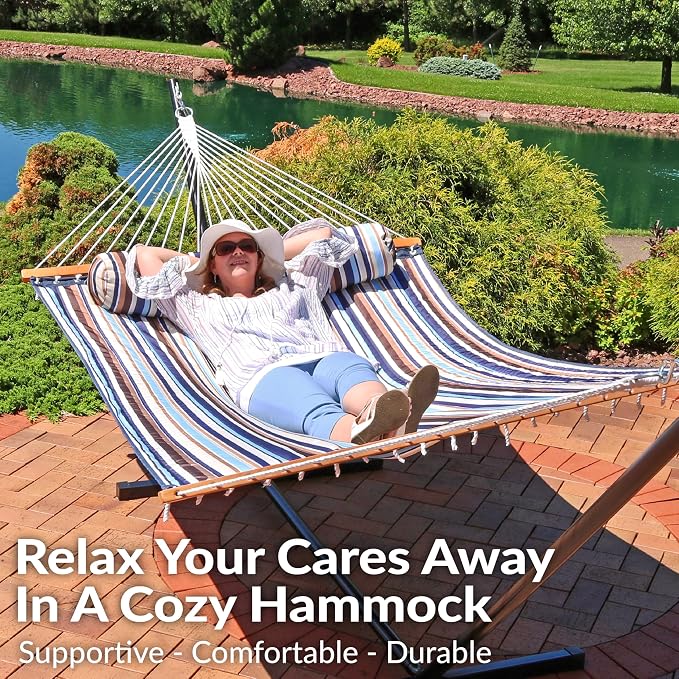 Sunnydaze Quilted Double Hammock for Outside with Spreader Bars and Pillow - 450 lb Capacity, 74x55 Inch Bed, UV Resistant, Quick Dry - Chains Included, Stand Sold Separately - Ocean Isle - Image 4