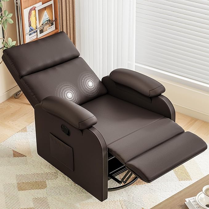 Homall Recliner Chair, 360 Swivel Rocking Chair for Adults, Massage Nursery Chair with Adjustable Backrest and Footrest, PU Leather Glider Rocker Recliners with Side Pocket for Living Room (Brown)