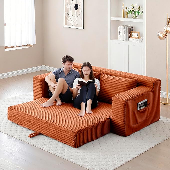 73" Convertible Sofa Bed, 2 in 1 Corduroy Folding Couch with Pillows, No Assembly Boneless Compression Sofa in Box, Loveseat with Side Storage Pocket for Apartment, Living Room, Orange