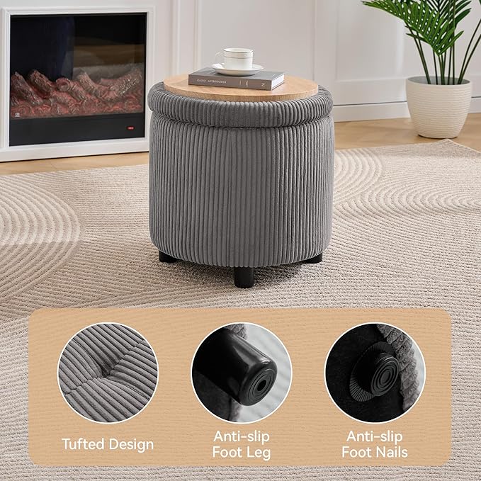 WUTUTUEE Corduroy Storage Ottoman with Flip-Top Tray, Modern Upholstered Ottoman Coffee Table, Dual Leg Options Ottoman Footrest for Living Room, Bedroom, Office, Grey