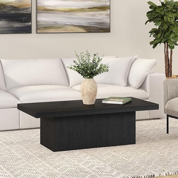 Henn&Hart 48" Fluted Low-Profile Rectangular Coffee Table with Ribbed Base for Living Room, Family Room, or Office, Natural Black