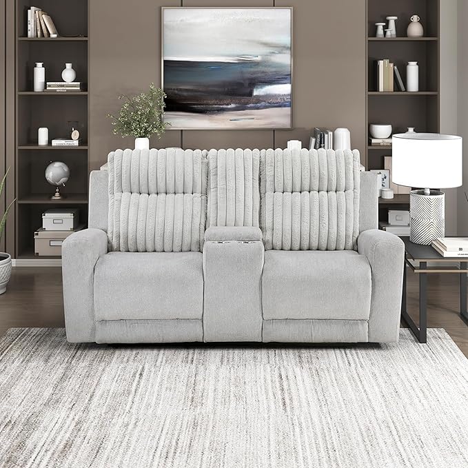 Lexicon Modern Double Recliner Loveseat with Center Console, Manual Wall Hugger Textured Microfiber Love Sac Couch, Plush Corduroy Channel Seat Back, Manual Recliner Loveseat, Light Gray