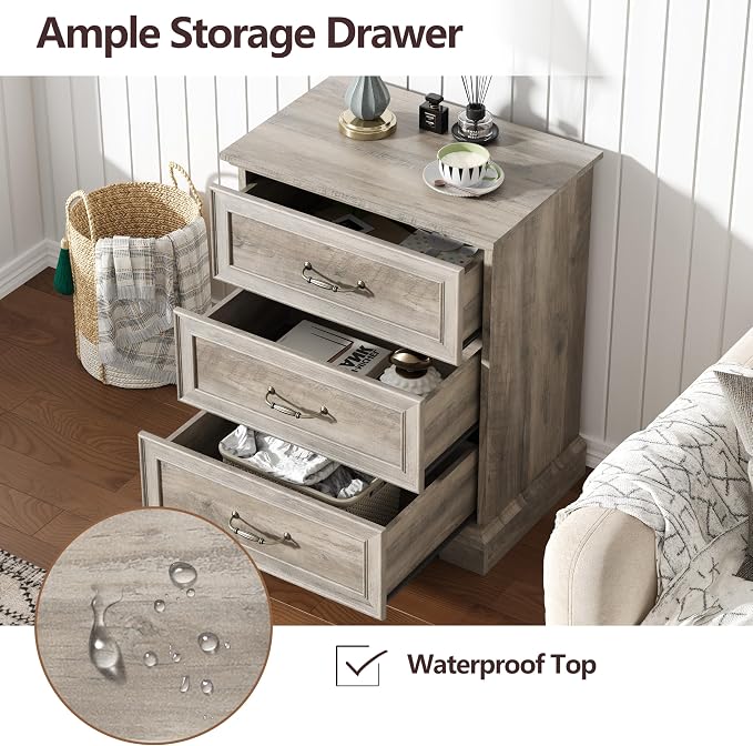 Nightstand with 3 Large Drawers,24" Wide End Table with Metal Handles,Rustic Farmhouse Wood Small Dresser,Bedside Table,Modern Chest of Drawers for Bedroom,Living Room,Grey - Image 5