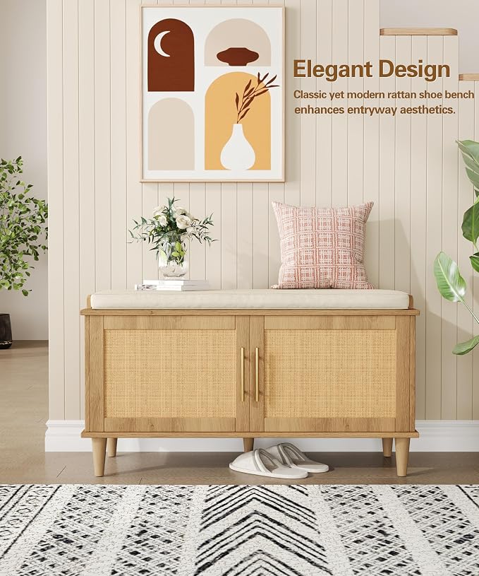 Akxomel Rattan Shoe Storage Bench with Cushion, 2-Tier Entryway Bench with Adjustable Shelves and 2 Doors, 15" D x 39.4" W x 20" H, Solid Wood Legs, for Hallway, Living Room, Bedroom, Natural Oak - Image 9