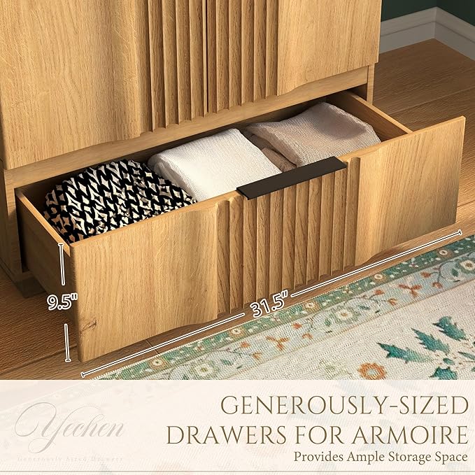 Yechen 67" Fluted Armoire Wardrobe Closet with Doors and Drawer, Wooden Wardrobe Closet Cabinet with Adjustable Shelve, Modern Small Armoires Storage Clothes, Coats for Bedroom, Natural