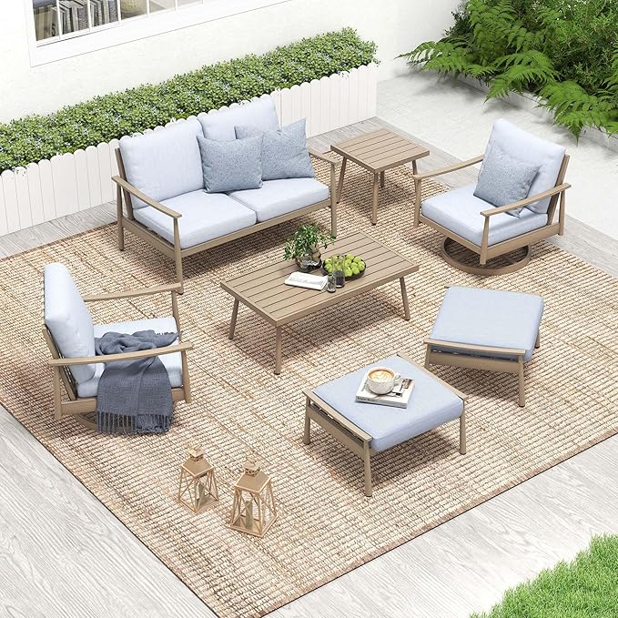 HAPPATIO Patio Outdoor Furniture Set - 7 Pieces Aluminum Outdoor Conversation Set Includes 1 Loveseat, 1 Side Table, 1 Coffee Table, 2 Swivel Chairs, and 2 Ottomans for Porch, Yard, Lawn (Brown)