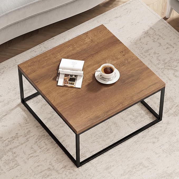 CENSI 30" Square Coffee Table, Walnut Wood Center Table for Living Room, Modern Industrial Metal Frame, Extra Thick 1.2" Top, Rustic Farmhouse Cocktail Table, Mid Century Style, Easy Assembly