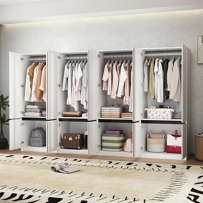 Bedroom Armoire Wardrobe Closet with 8 Doors: 75" White Wardrobe Cabinet for Clothes, Wooden Closet with Hanging Rod, Modern Armoire with Shelves (4)