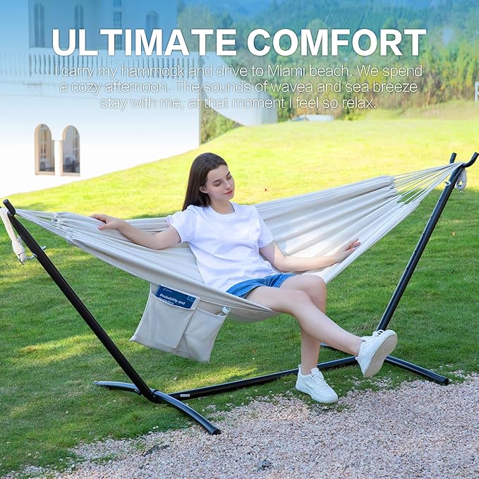 PNAEUT Double Hammocks with Stand for Outside, Portable Space Saving Heavy-Duty Steel Stand for Indoor Outdoor Patio with Carrying Bag, 450 lbs Capacity (Beige) - Image 2