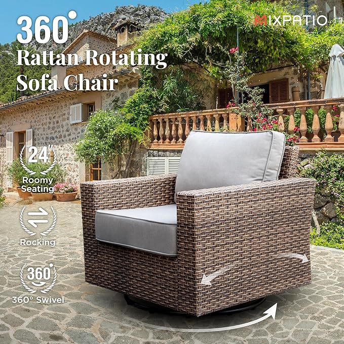 Patio Furniture Set, 6 Pieces Outdoor Furniture Sets, Wicker Conversation Set with Swivel Rocker Chairs, Ottomans and 47'' Coffe Table, High Back Conversation Set for Garden Pool Porch, Grey