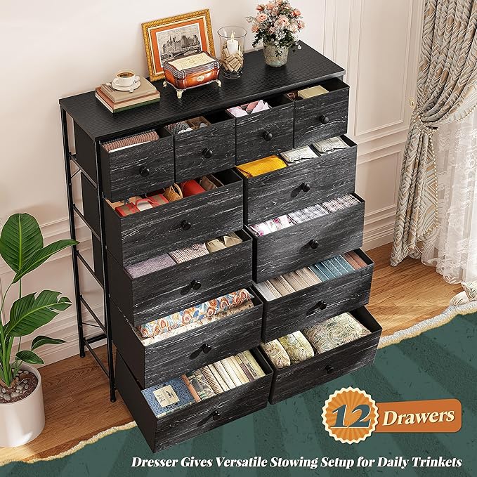 Romorgniz Black Dresser for Bedroom Tall Dresser with 12 Drawers Fabric Dressers & Chests of Drawers, Bedroom Dresser with Metal Frame, Wood Top, Entryway Living Room 11.81" D x 38.97" W x 40.15" H - Image 4