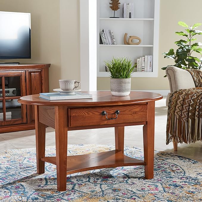 Leick Home Haven Ridge Coffee Table, Solid Wood, Oval, with Drawer and Shelf, Medium Oak, 9044-MED
