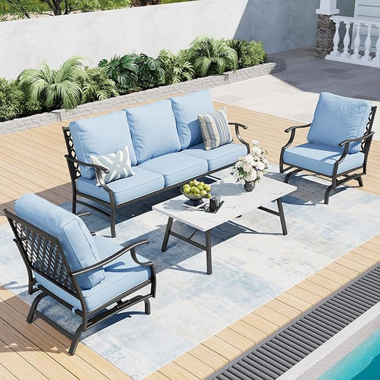 4 Piece Metal Outdoor Patio Furniture Set, Patio Conversation Set 1 3-seater Sofa, 2 Rocking Chair with 5.75" Extra Thick Cushion and Coffee Table, Black Frame Backyard Furniture, Blue