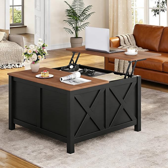 Lift Top Coffee Table with Storage, 31.5" Farmhouse Coffee Tables with Wooden Lift Tabletop and Hidden Compartment Square Center Table for Living Room, Small Space Home Office, Black
