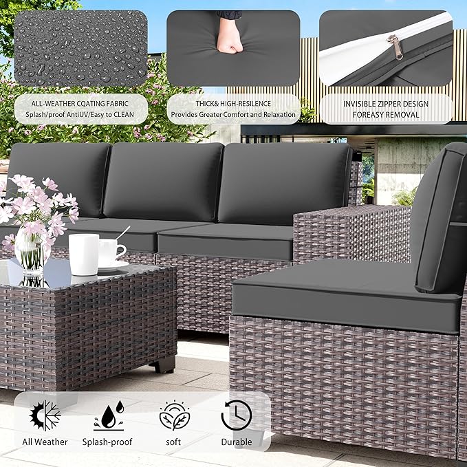 13 PCS Outdoor Patio Furniture Set,Outdoor Sectional Furniture with 43" 55000 BTU Gas Propane Fire Pit Table,All Weather PE Rattan Wicker Patio Conversation Set,Grey