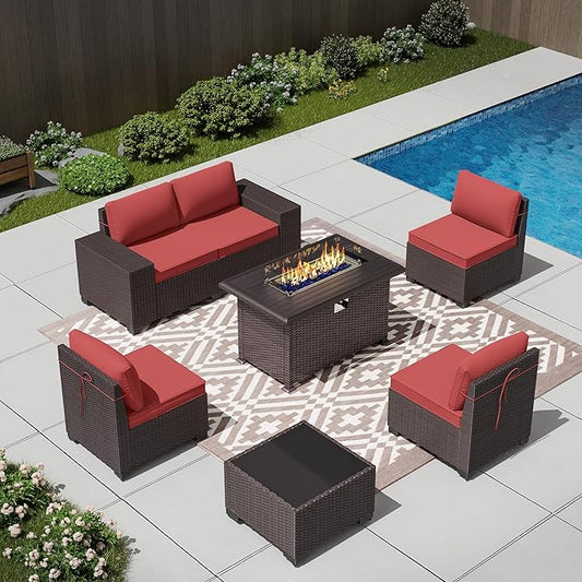 7 PCS Outdoor Patio Furniture Set,Outdoor Sectional Furniture with 43" 55000 BTU Gas Propane Fire Pit Table,All Weather PE Rattan Wicker Patio Conversation Set,Red