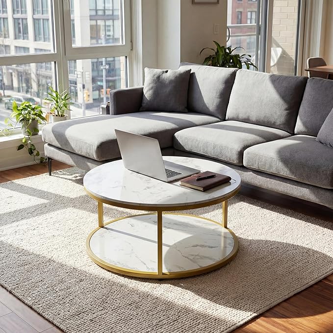 JUMMICO 36" Coffee Tables with Storage, 2-Tier Round Coffee Table, Center Table for Living Room, Furniture for Small Spaces, White Marble