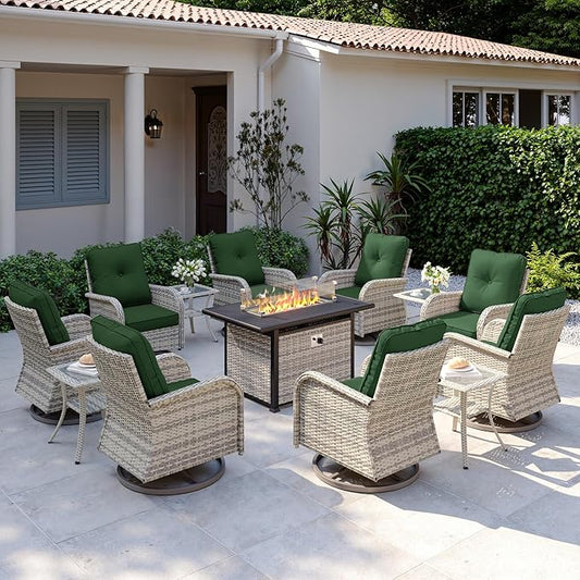 13Pcs Patio Rocking Swivel Chair with 55,000 BTU Fire Pit Table Outdoor Wicker Rattan Bistro Set with Tempered Glass Side Table, Outdoor Patio Furniture Set for Garden and Balcony, Green