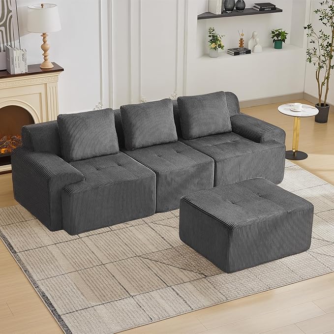 105.8'' Modular Sectional Sofa with Movable Ottoman, 3 Seat Deep Seat Couch with 3 Pillows, Comfy Cloud Sectional Sofa for Living Room, Bedroom (Grey, 1 Left+1 Right+1 Middle+1 Ottoman)
