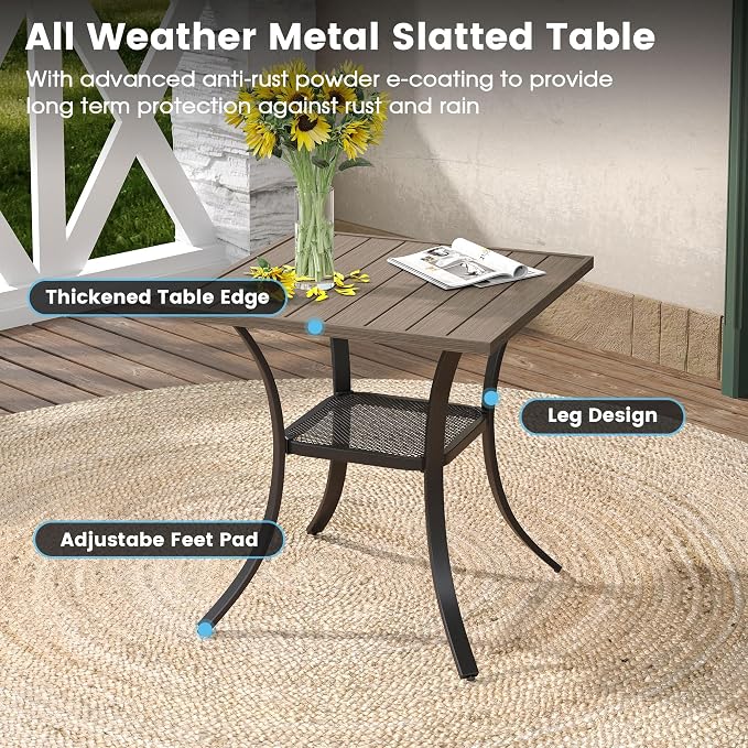 DIFY 3-Piece Outdoor Patio Bistro Dining Set, Grey Wood-Like Small Square Dining Table & 2 Grey Stackable Metal Chairs with Breathable Fabric, Outdoor Furniture Set for Balcony, Porch, and Deck - Image 3