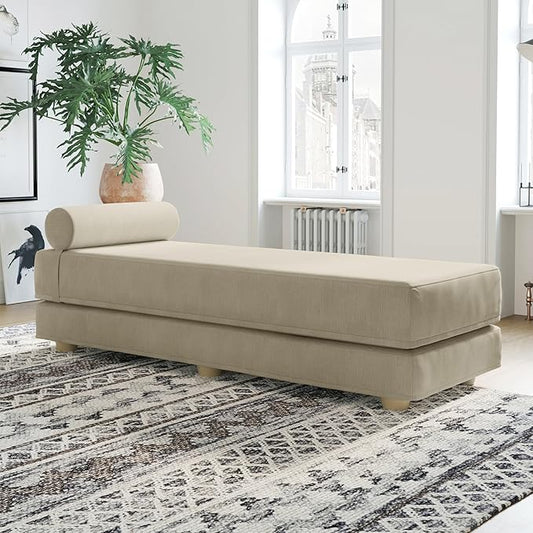 Jaxx Alon Daybed - Fold-Out Sleeper Chaise with Premium Memory Foam Queen-Size Mattress - Made in The USA - Ivory
