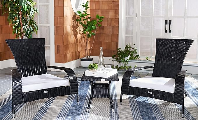 SAFAVIEH Outdoor Patio Furniture Collection Edna 3-Piece Lounge Set with Black Faux Rattan Armchairs, Cushions & Side Table, Conversation Seating (PAT7719A)