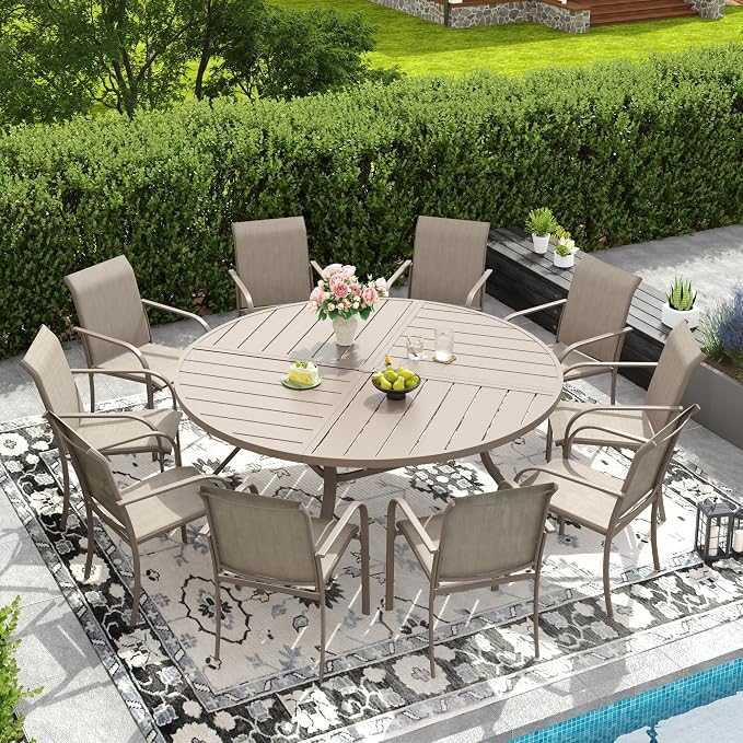 DIFY 11 Pieces Outdoor Patio Dining Set for 10, 63" Round Metal Patio Table and 10 Stackable Textilene Patio Chairs, Outdoor Table and Chairs for Backyard Garden Poolside, Sandshell by DIFY