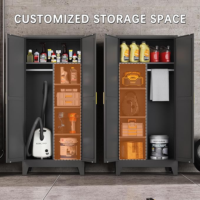 71" Tall Metal Armoire Wardrobe Closet, Clothing Storage Cabinet, Freestanding Wardrobe Cabinet with 4 Adjustable Shelves for Bedroom, Office, Garage