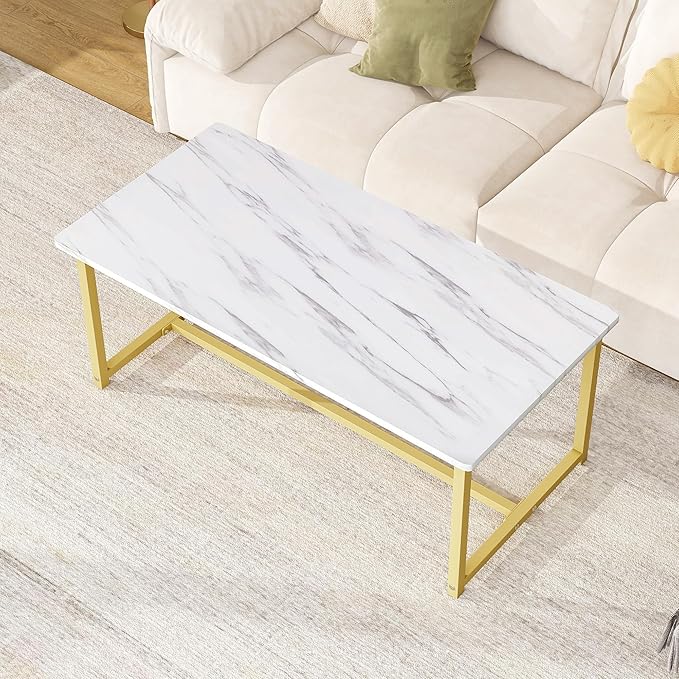 35.4" Rectangular Coffee Table, Modern Industrial Style Coffee Table Center Table with Metal Frame for Small Space Living Room, Apartment, Office, Easy Assembly, White