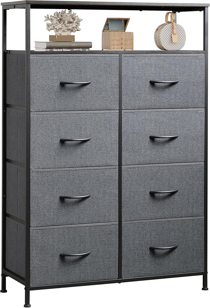 WLIVE Fabric Dresser for Bedroom with Open Shelves, Tall Dresser with 8 Drawers, Storage Tower with Fabric Bins, Chest of Drawers for Closet, Living Room, Hallway, Charcoal Gray by WLIVE