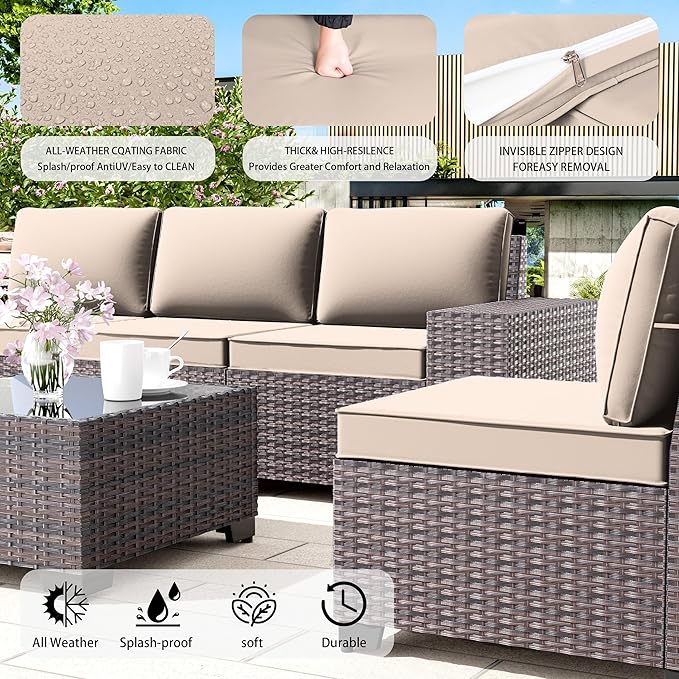 7 PCS Outdoor Patio Furniture Set,Outdoor Sectional Furniture with 43" 55000 BTU Gas Propane Fire Pit Table,All Weather PE Rattan Wicker Patio Conversation Set,Sand