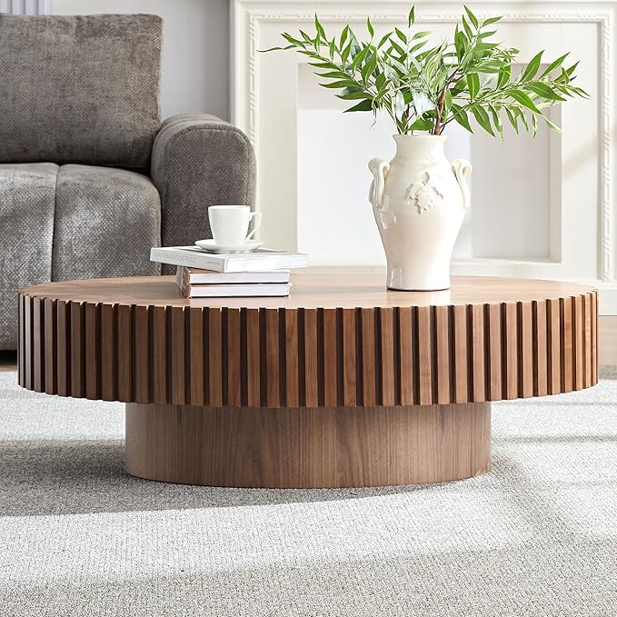 43.7" Oval Coffee Table for Living Room Fluted Pedestal Coffee Table Modern Handcrafted Centre Table for Apartment, Easy Assembly, Walnut