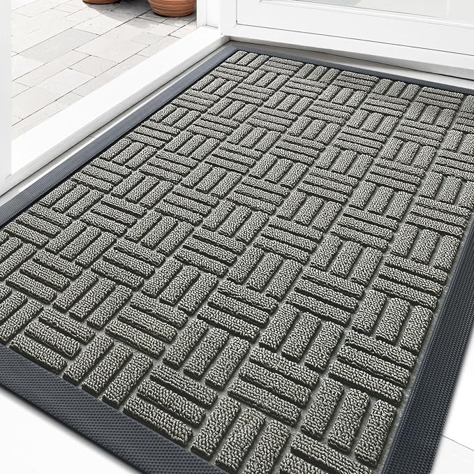 OLANLY Front Door Mat Outside Entrance 29.5x17, Absorbent, Heavy Duty Sturdy Natural Rubber Doormat Indoor Outdoor, Non-Slip, Stain and Fade Resistant, Low Profile Floor Mat for Entryway, Modern Gray by OLANLY