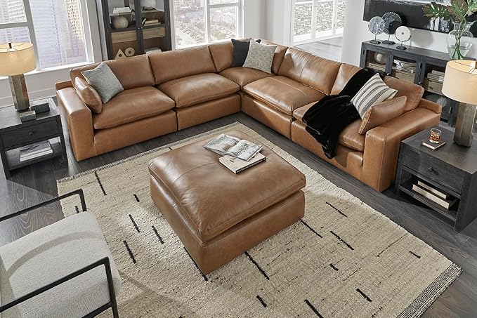 Signature Design by Ashley Emilia Modern Modular Leather Match 5-Piece Sectional with Loose Back Cushions and 2 Bolster Pillows, Light Brown