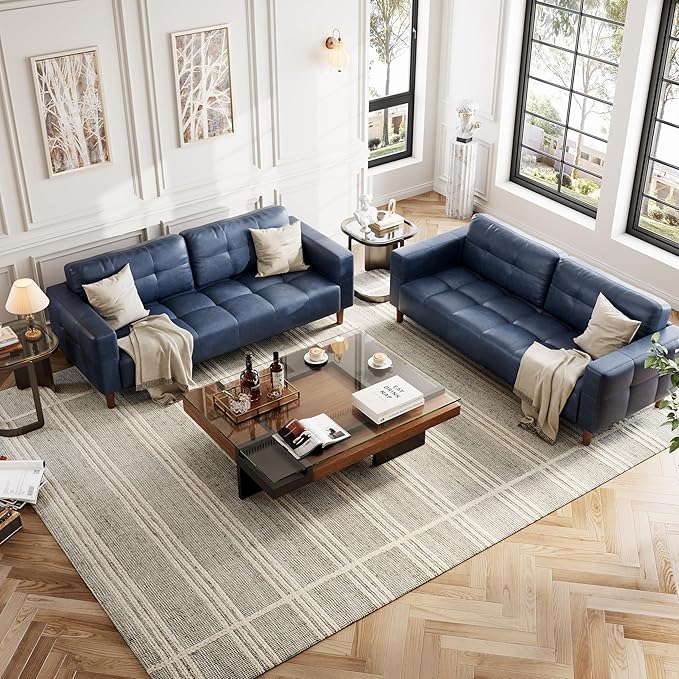 GarveeHome 3-Seater Sofa Couch, 83 in Wide Faux Leather Sofa Couch with Spring Cushion, Modern Sofa with Deep Seats and 2 Removable Back Cushions, for Living Room, Bedroom, Apartment, Office, Blue