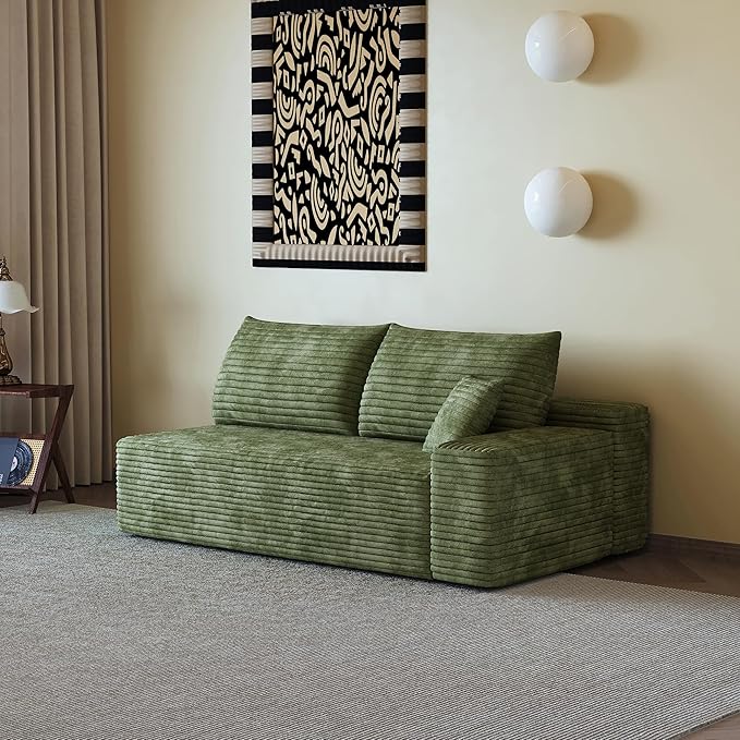 107" U Shaped Cloud Corduroy Couch with Ottoman, Comfy Sectional Boneless Couches for Living Room Bedroom, Deep Seat Sleeper Compression Sofa, No Assembly, Left Facing Chaise, Green