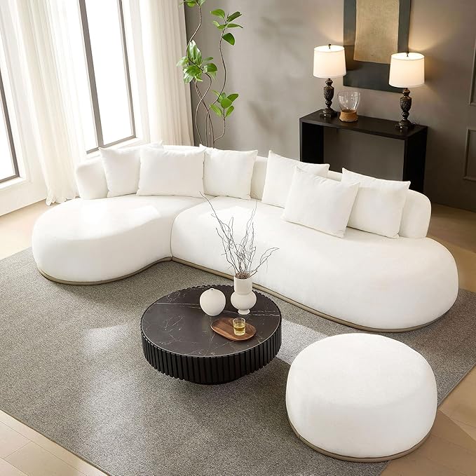 KEIKI 135" L-Shaped Oversized Boucle Sectional Sofa with Left Chaise, Modern 5-Seater Polyester Curved Couch with PU Leather Base, 1 Ottoman & 6 Pillows, No Assembly Required, for Living Room, Beige