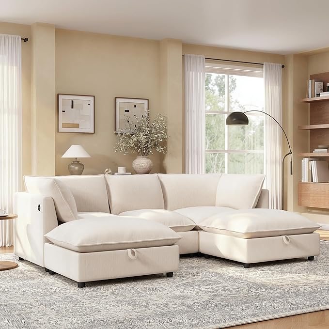Merax Modern U-Shaped Sectional Sofa with 2 Movable Storage Ottomans, Chenille 6-Seat Couch Set with Fold-Down Backrest Table, Charing Ports, Cup Holders for Living Room,Space Saving, Beige