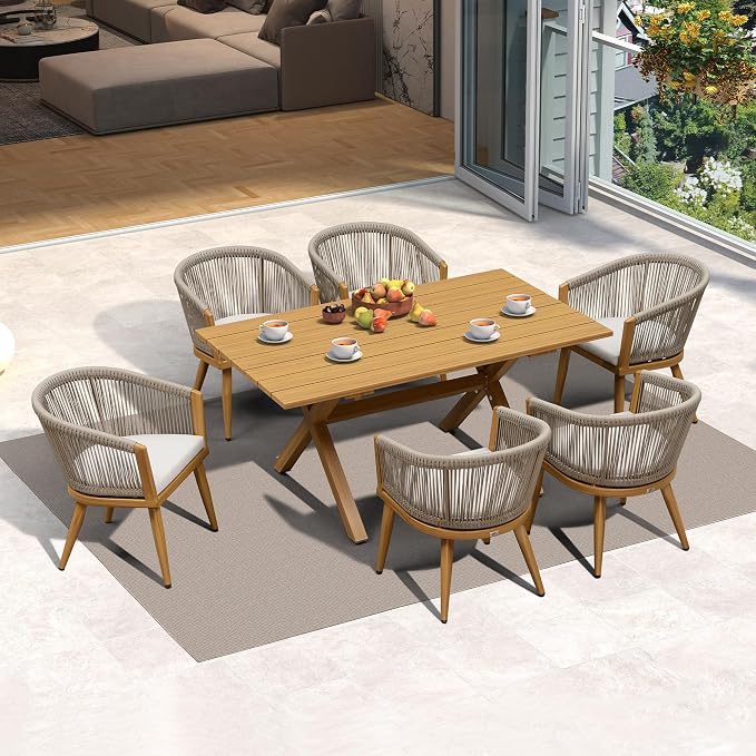 PURPLE LEAF Outdoor Dining Set for 6 All-Weather Aluminum 7 Piece Outdoor Patio Dining Furniture Sets with Woodgrain Table and Rope Weave Chairs Included Cushions for Backyard Patio Set Teak Color - Image 2