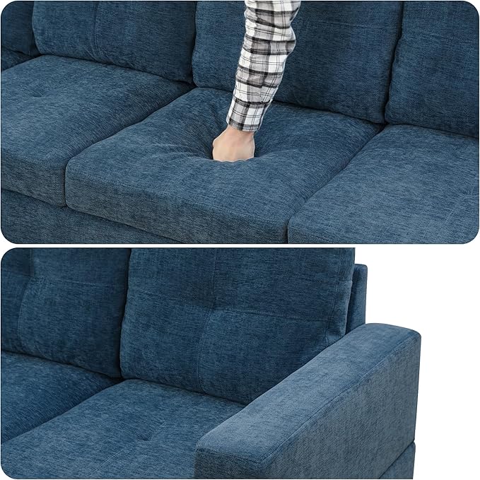 103.5 Inch Modern L-Shaped Couch, Flannel Sectional Sofa with Chaise Lounge, 4-Seater Couch with Accent Pillows for Living Room, Apartment, Dark Blue