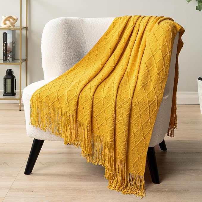 PAVILIA Mustard Yellow Knit Throw Blanket for Couch, Twin Bed, Soft Knitted Farmhouse Sofa Throw for Living Room, Lightweight Decorative Fall Blanket for Chair, Outdoor Textured Boho Blanket, 60x80