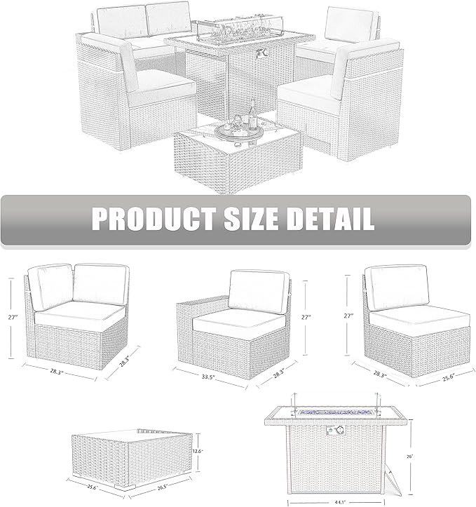 LayinSun 7 Pieces Outdoor Patio Furniture Set with 44" Fire Pit Table Brown Rattan Sectional Sofa Conversation Sets