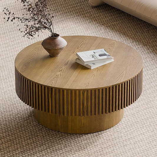 Round Coffee Table with Storage, Modern Wooden Coffee Table with Solid Wood Veneered, Circle Center Table Accent Tea Table for Living Room Apartment Small Space (31.5''L × 31.5''W × 14''H, Brown)