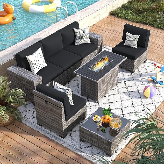 7 Piece Patio Furniture Set with Fire Pit Table, Outdoor Sectional Conversation Sets Wicker Rattan Sectional Sofa with Coffee Table for Patio Garden Backyard, 4'' Thickened Cushion Black