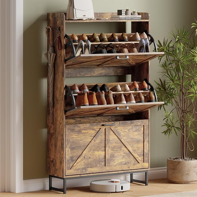 Shoe Cabinet with 3 Flip Drawers, Freestanding Hidden Shoe Storage Organizer for Entryway, Narrow Slim Shoe Rack Cabinet with Open Storage & Hooks for Front Door Entrance, Living Room, Hallway, Brown by Xixini