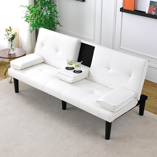 KEIKI 67" Convertible Sofa Bed with Cup Holder, 3 in 1 Futon Sleeper Sofa Chair, PVC Upholstered Sofa for Living Room or Office, White